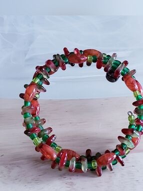 Red & Green Beaded/Stone Acryclic Wrap Bracelet WithSilver Jingle Charm